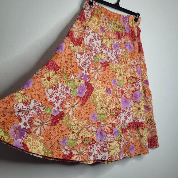 Vintage y2k 90s red orange groovy hippie flower print pull on maxi full skirt L - Picture 2 of 6